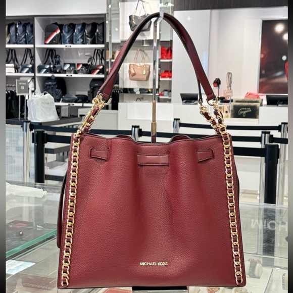 Michael Kors Mina Large Signature Logo Chain Shoulder Bag Dark Cherry NWT NIP - Picture 1 of 8